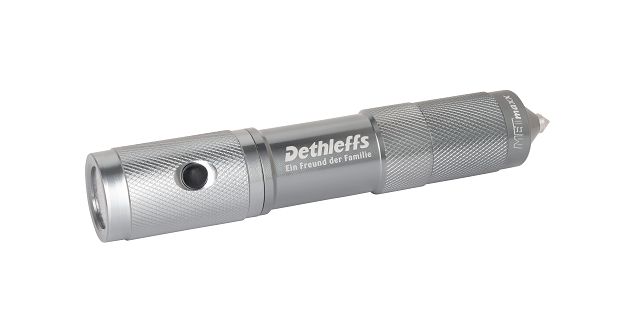 Dethleffs Taschenlampe mit integriertem Notfallhammer und Gurtschneider